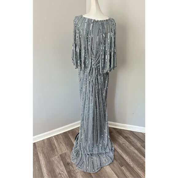 MAC DUGGAL SEQUINED V NECK CAPE SLEEVE COLUMN GOWN - Picture 8 of 11